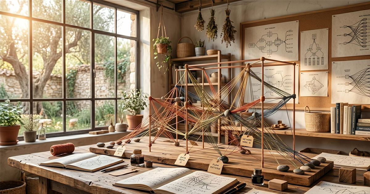 A rustic workshop workspace featuring a complex physical network flow model made of threads and cords on a wooden table, conceptually visualizing abstract AI data architecture for software video production.