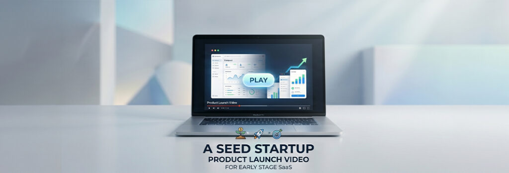 Laptop on the table with early stage Startup video