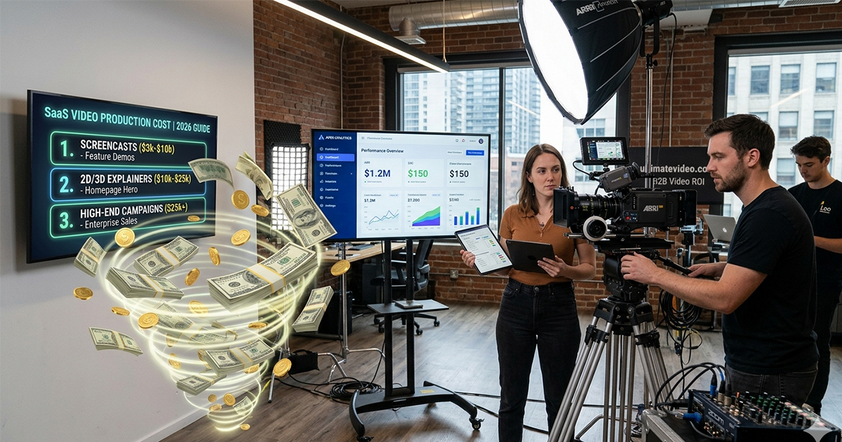 Professional video production team analyzing SaaS video cost structures for 2026, displaying price tiers for screencasts and 2D/3D explainers.