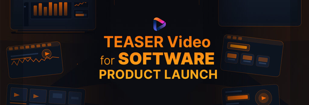 A dynamic animated screen displaying a teaser video for an upcoming SaaS product launch, featuring abstract UI elements and a 'Coming Soon' message.