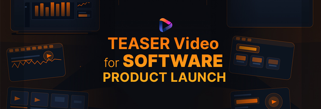A dynamic animated screen displaying a teaser video for an upcoming SaaS product launch, featuring abstract UI elements and a 'Coming Soon' message.